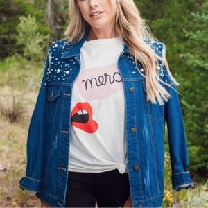 BUDDY LOVE DISTRESSED DENIM JACKET WITH PEARLS AND BEADS